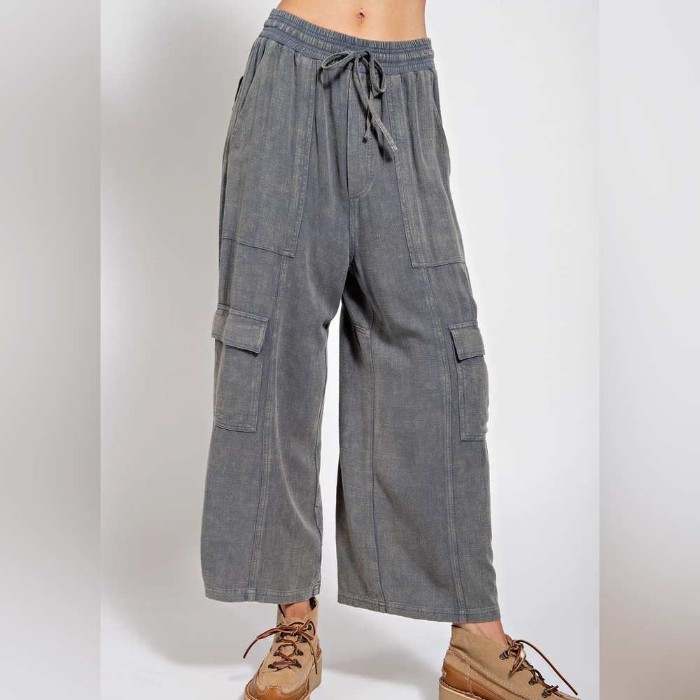 Sold** Easel Mineral Washed Lightweight Wide Leg Pants Gray Linen Blend Small